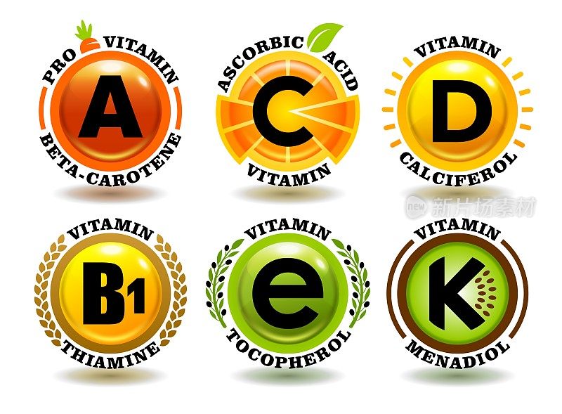 创意概念向量集的A, B, C, D, E, K维生素复合标志与卡通太阳符号，现实的水果图标，天然健康食品券，3D彩色有机油丸，化学名称